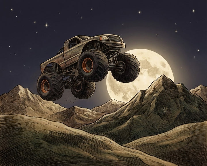 A powerful monster truck catches air over rugged mountains with a full moon glowing behind it, capturing a sense of action and thrill in a moody nighttime scene.
