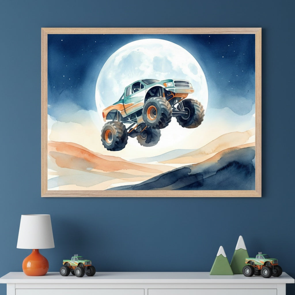 Kid's bedroom featuring a blue wall and white dresser. A large framed watercolor art print of a monster truck jumping under a full moon hangs centered above the dresser. An orange lamp and toy monster trucks are on the dresser.