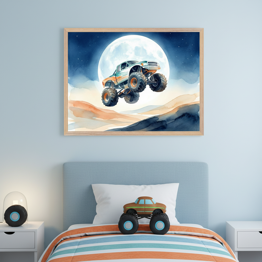 Kid's bedroom with a light blue bed and striped bedding. A large framed watercolor print of a monster truck jumping under a full moon and starry sky hangs above the bed. A toy monster truck sits on the bed, flanked by white nightstands.