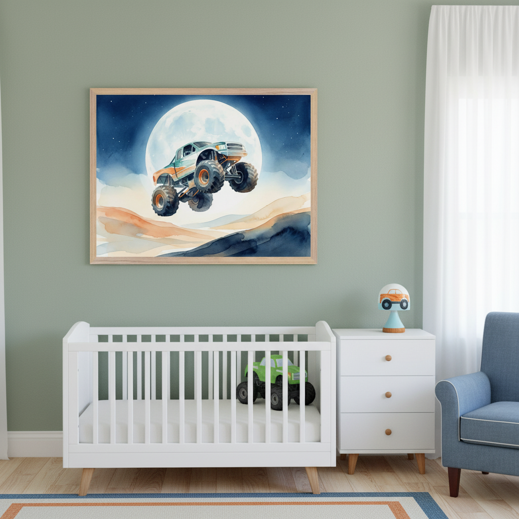 Modern nursery with a white crib containing a green monster truck toy, a white dresser with a car lamp, and a blue armchair. A large framed watercolor print of an orange and green monster truck jumping over sandy hills under a full moon hangs above the crib and dresser.