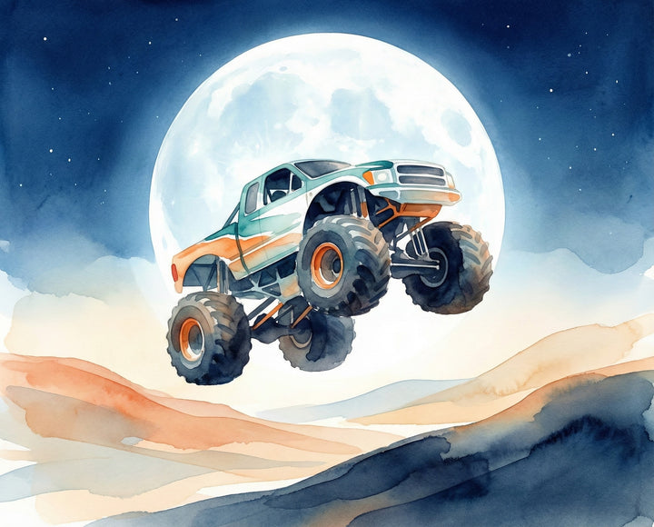 A brightly colored monster truck leaps over painted sand dunes with a large full moon glowing in the background, blending excitement with a surreal desert night setting.
