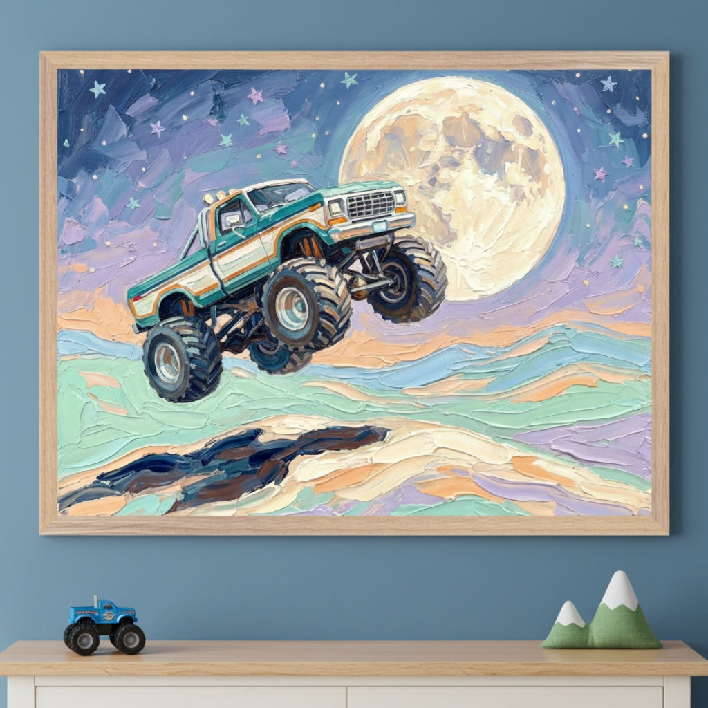 Kid's room with a light wood dresser. Centered above it is a large framed painting of a monster truck jumping in front of a full moon and starry sky, rendered in a thick impasto style. A toy monster truck and two mountain toys sit on the dresser.
