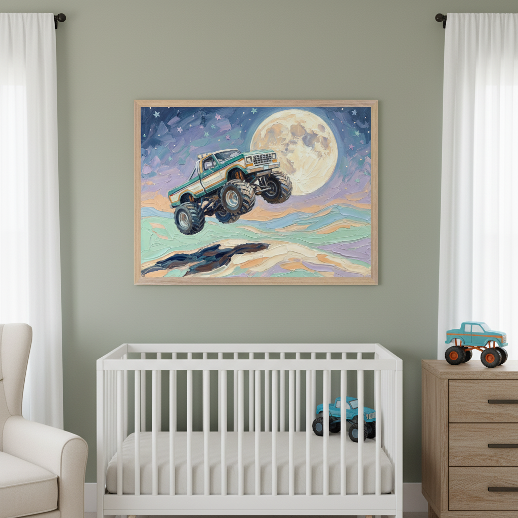 Nursery with a white crib and light wood dresser against a sage green wall. A large framed textured painting of a green monster truck jumping over colorful hills under a full moon and starry sky hangs above the crib.