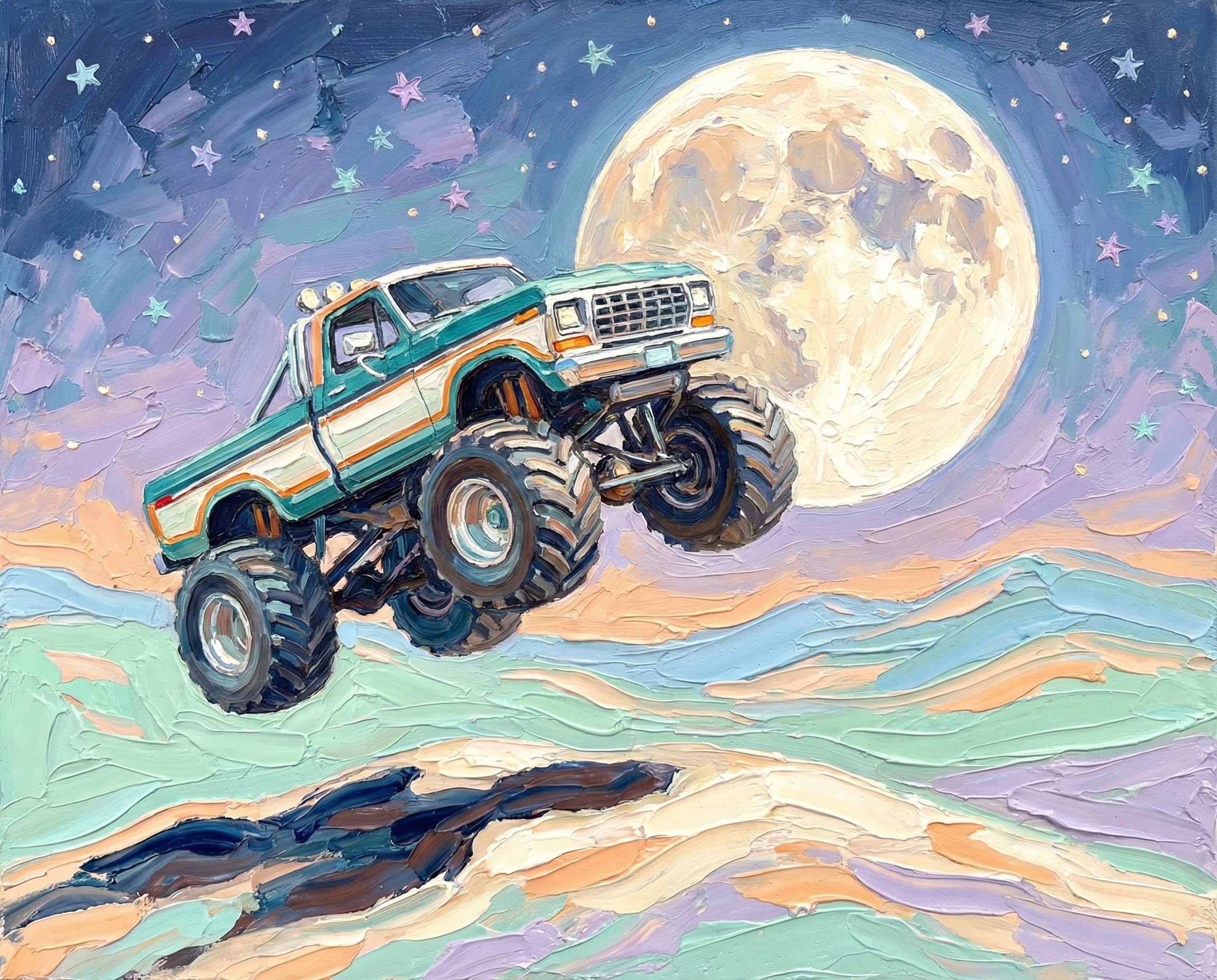 A bold monster truck with large wheels leaps over colorful rolling hills under a full moon and a dreamy star-filled sky, captured in a thick impasto painting style with soft purples, greens, and oranges.
