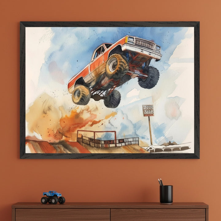 Modern room with a burnt orange wall. A large framed watercolor painting of an orange monster truck mid-jump over a dirt track hangs above a dark wood dresser. A small blue toy monster truck and a black pen holder are on the dresser.