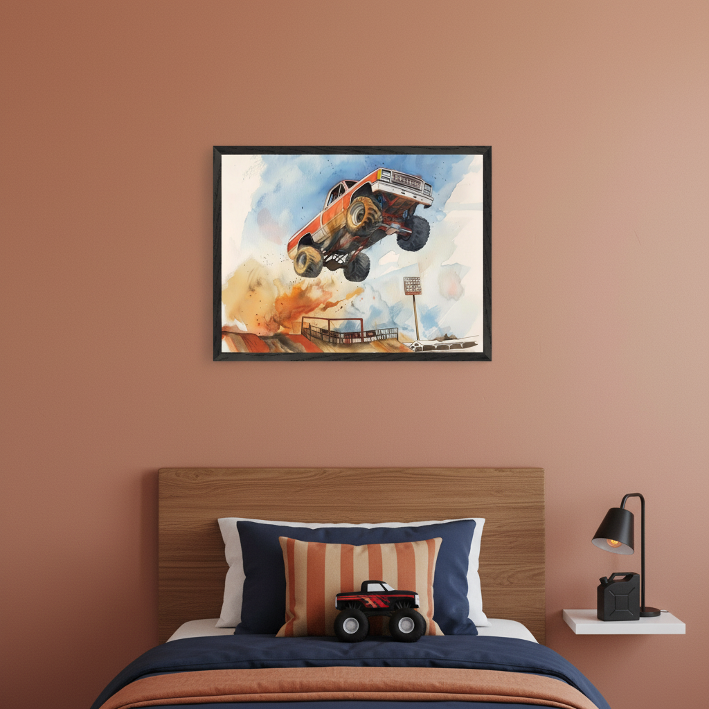 Kid's bedroom with a terracotta wall. A framed watercolor painting of an orange monster truck jumping hangs above a wooden-headboard bed with blue and striped pillows. A monster truck toy sits on the bed, and a black lamp is on a floating shelf to the right.