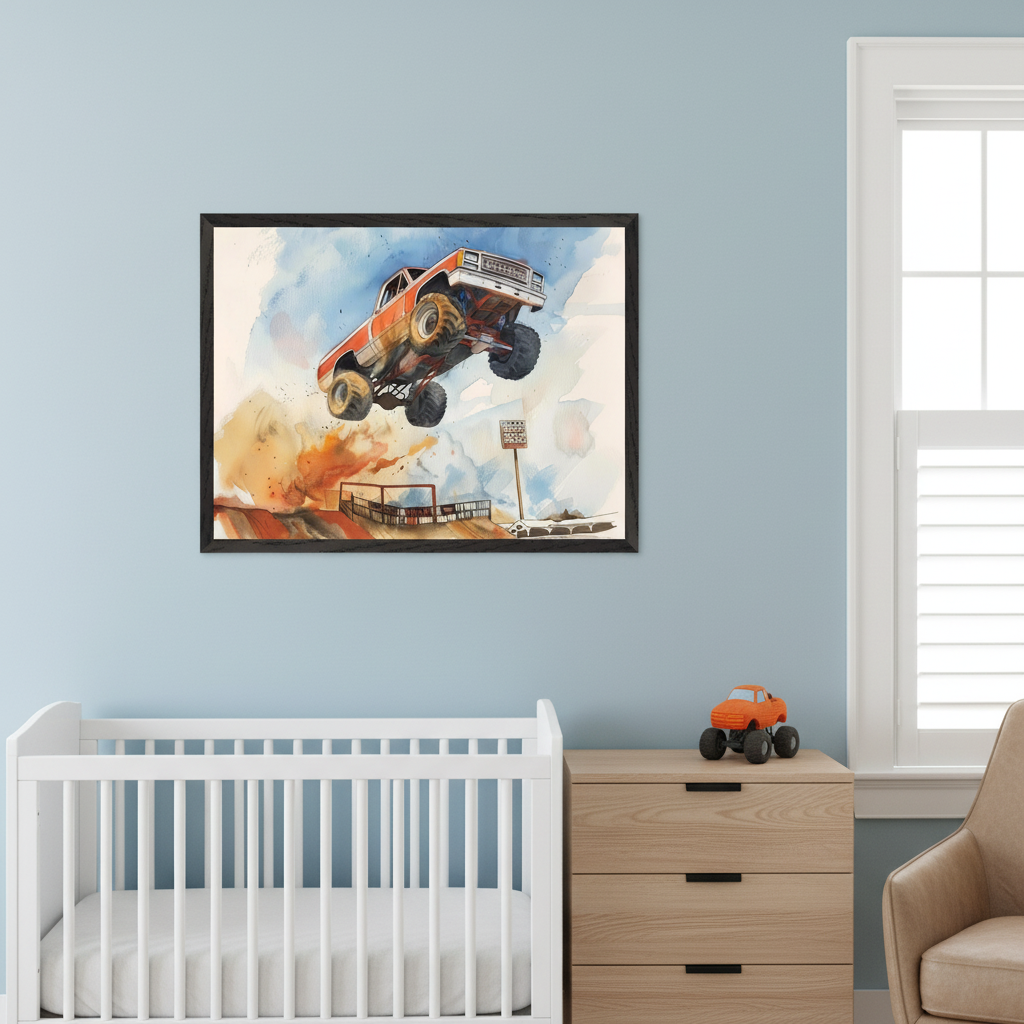 Modern nursery with a white crib, light wood dresser, and orange toy monster truck on a light blue wall. Above, a framed watercolor painting depicts an orange monster truck mid-jump over a ramp, kicking up dirt.