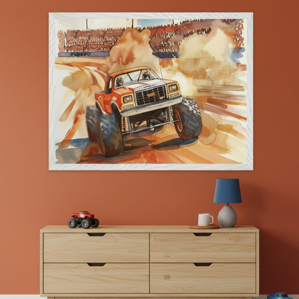 Kid's bedroom with a light wood dresser. A large framed watercolor print of an orange monster truck kicking up dust in an arena hangs centrally above the dresser.