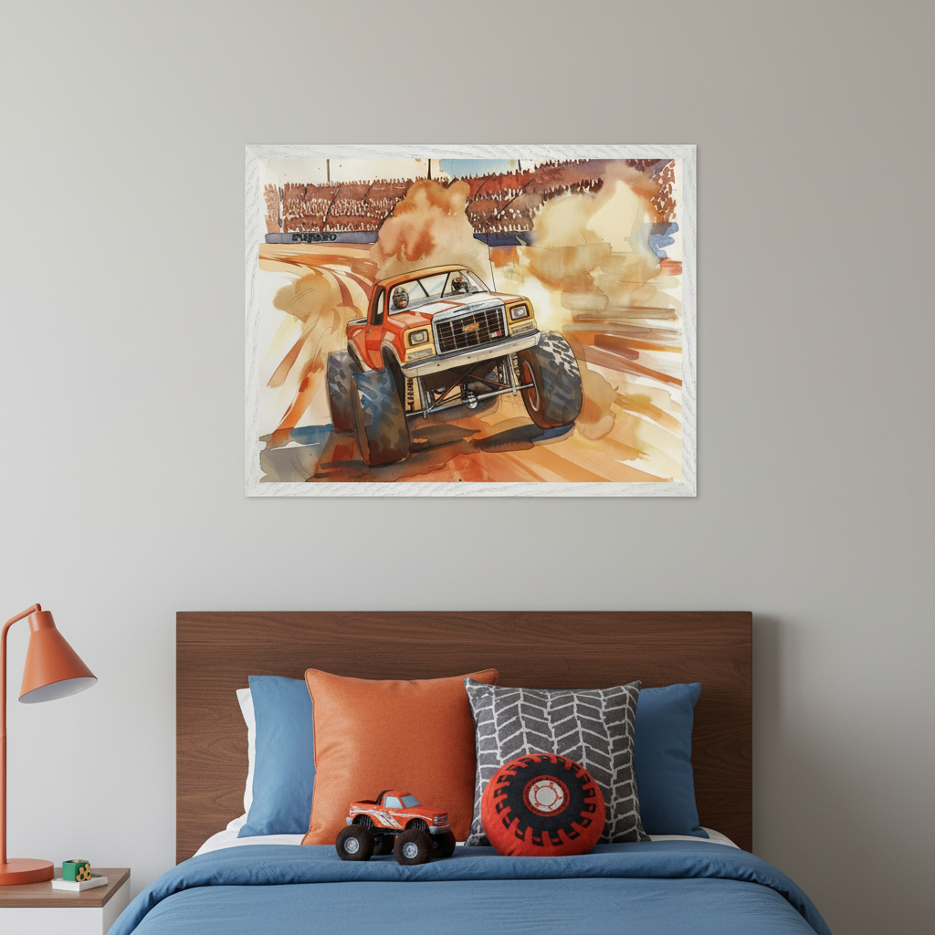 Centered above a bed with a wooden headboard and blue bedding in a kid's room, a large framed watercolor painting depicts an orange monster truck kicking up dirt on a race track with spectators. An orange lamp is on a nightstand.