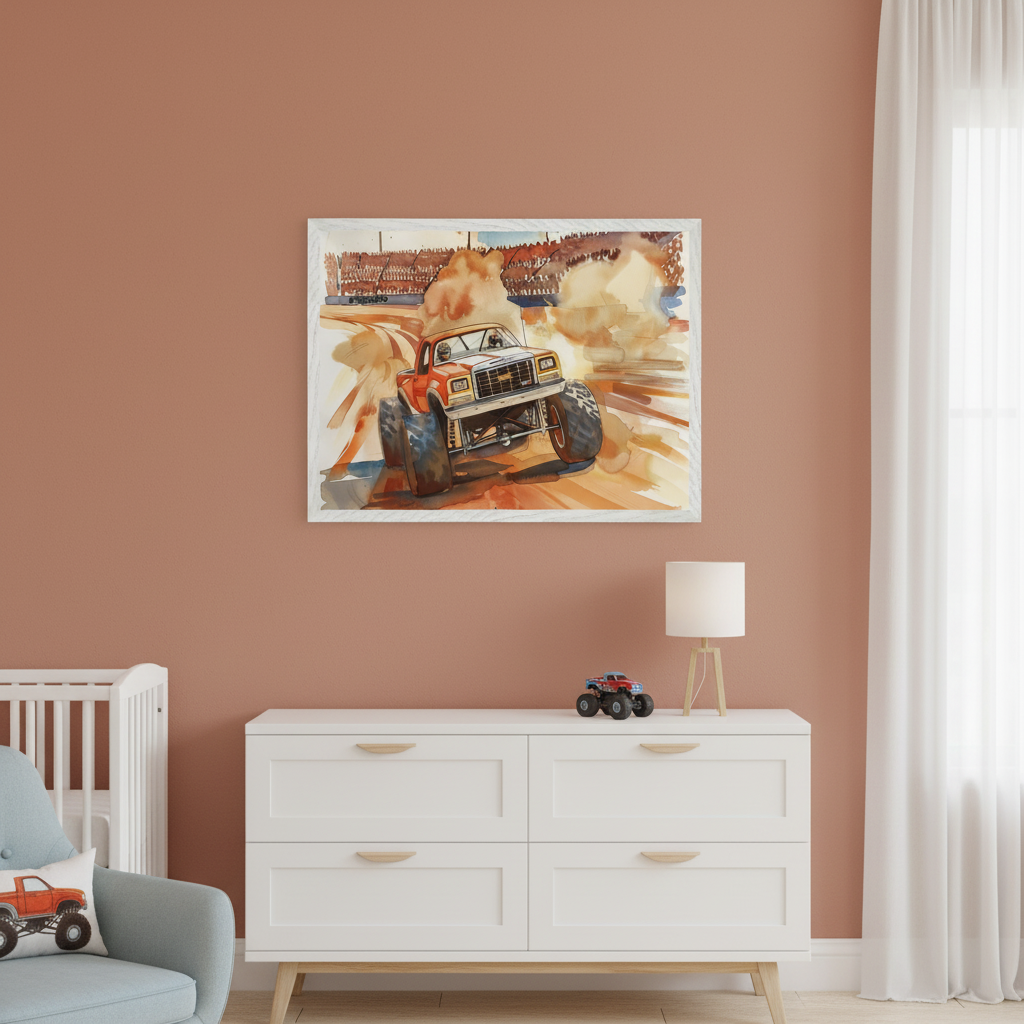 Modern child's room with a terracotta wall. A watercolor painting of an orange monster truck kicking up dust at a race track hangs above a white dresser with a lamp and toy truck. A white crib and blue armchair are on the left.