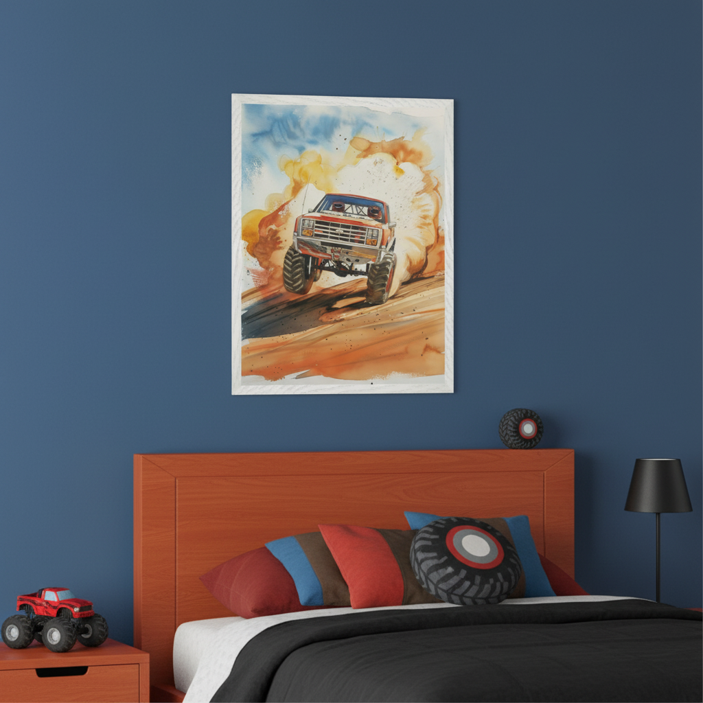 Kid's bedroom featuring a blue wall, wooden bed, and nightstand. A framed watercolor of a red monster truck kicking up sand hangs centrally above the bed.