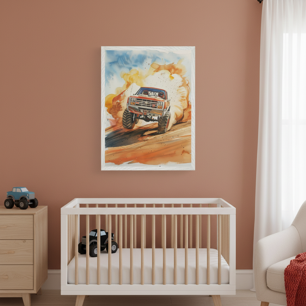 Modern nursery with a white crib, light wood dresser, and cream armchair. A framed watercolor of an orange monster truck kicking up dust hangs on the terracotta wall above the crib.