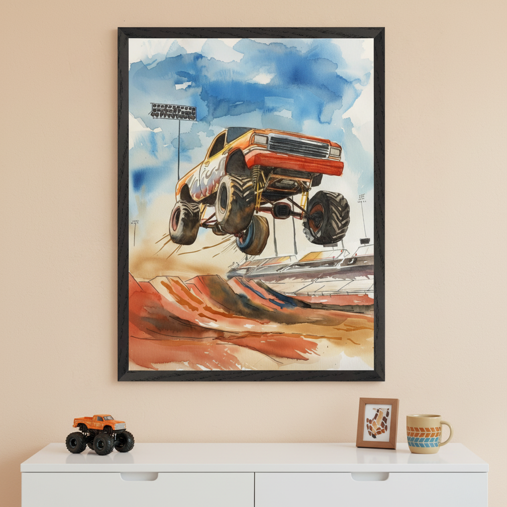 Modern room with a white dresser. A large black-framed watercolor painting of an orange monster truck jumping over dirt ramps hangs centered above. A toy monster truck, small framed photo, and patterned mug sit on the dresser.