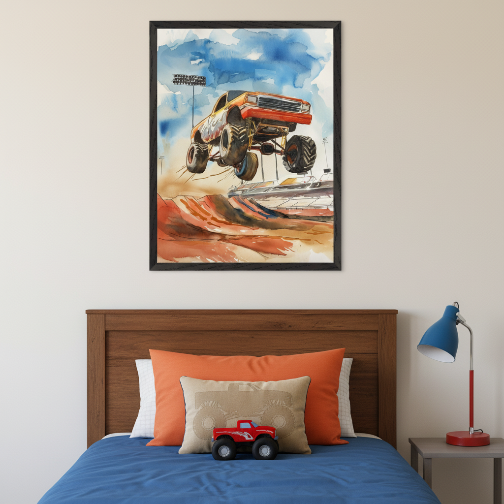 Kid's bedroom with a wooden bed, blue bedding, and orange pillows. A red monster truck toy is on a beige pillow. Above the bed, a framed watercolor of an orange monster truck jumping on a dirt track hangs. A blue lamp sits on a grey side table.