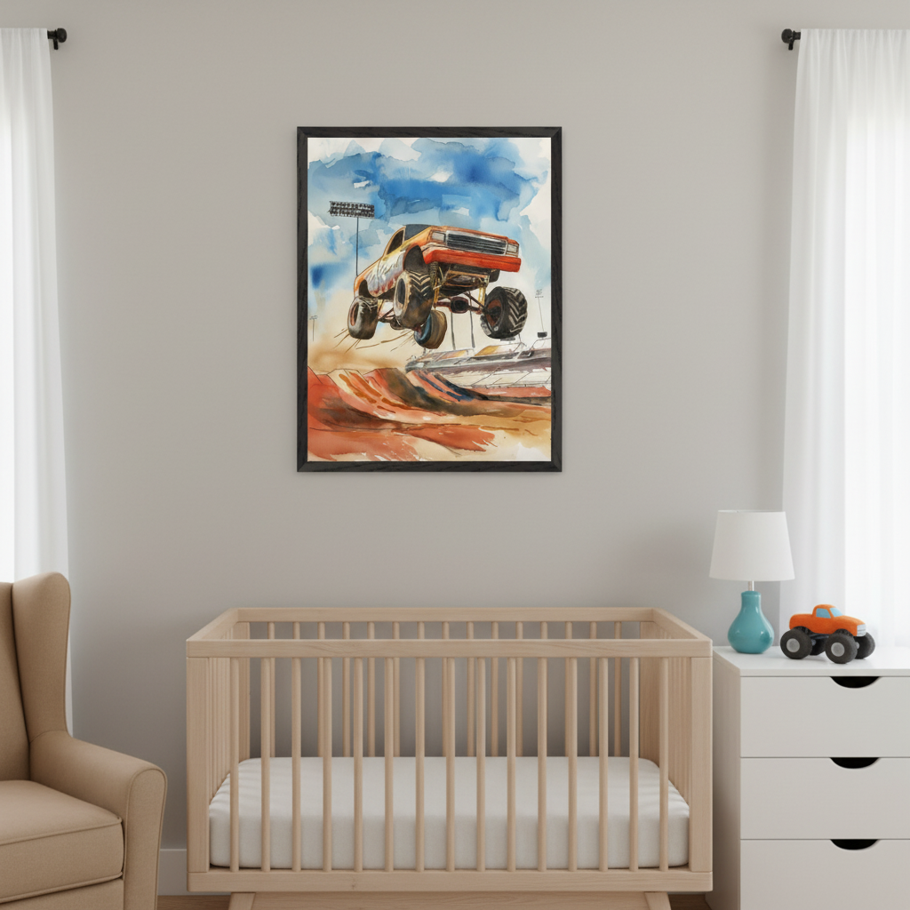 Modern nursery with a natural wood crib, tan armchair, and white dresser. A black-framed watercolor of an orange monster truck mid-jump over a dirt ramp hangs above the crib on a light gray wall.