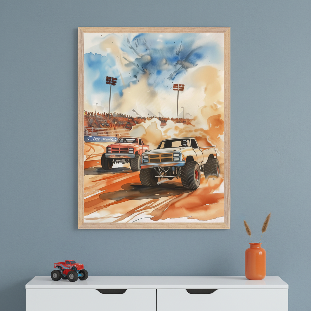 Modern room with a white dresser. A framed watercolor painting of two monster trucks racing on a dirt track hangs above the dresser. A red monster truck toy and an orange vase sit on the dresser.