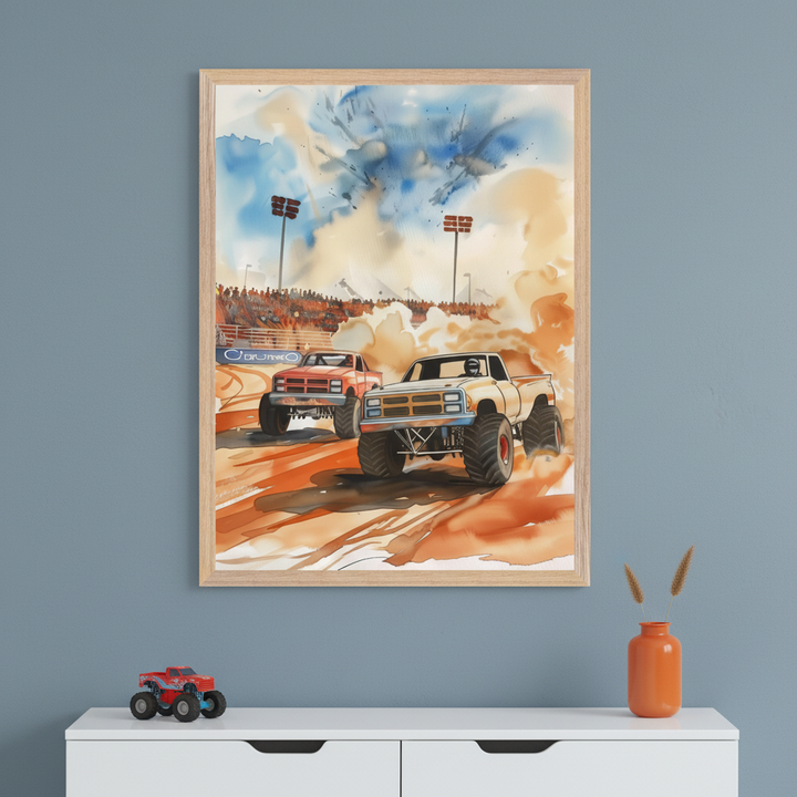 Modern room with a white dresser. A framed watercolor painting of two monster trucks racing on a dirt track hangs above the dresser. A red monster truck toy and an orange vase sit on the dresser.