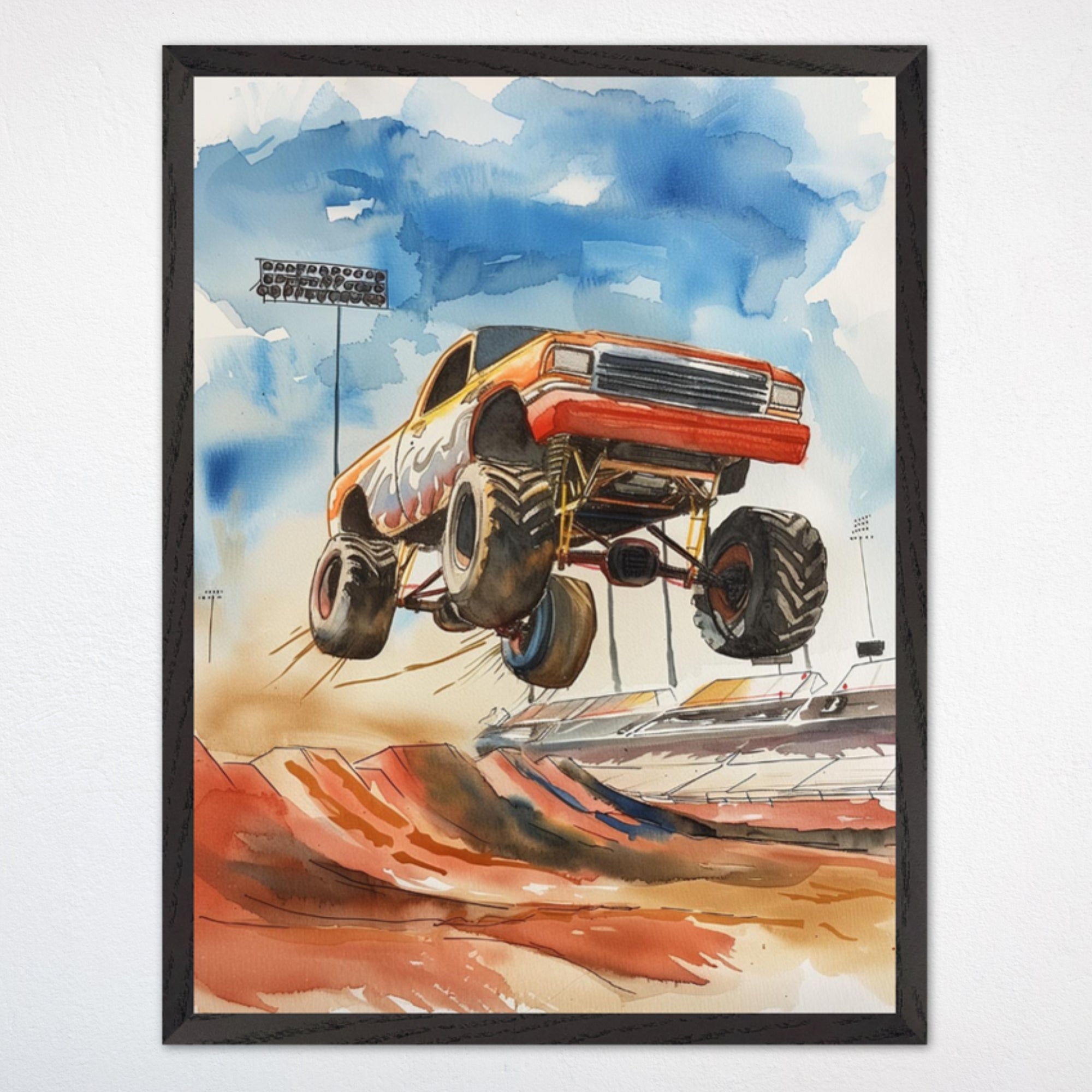 Watercolor-style painting of a monster truck launching into the air over a dirt ramp in a stadium, with dramatic blue skies and dusty terrain below. The truck, painted in red and orange with white accents, appears mid-jump in a powerful, action-packed moment, perfect for inspiring adventure in a kid’s room.