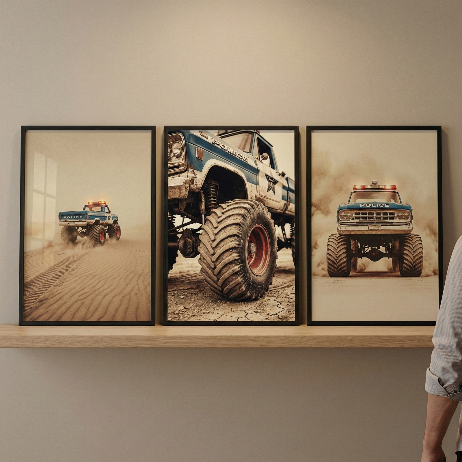 Three vertical black-framed images rest on a light wood shelf against a neutral wall. Each frame features a photograph of a blue and white monster truck with "POLICE" markings and roof lights. The left image shows the truck driving through sand dunes. The center image provides a low-angle close-up of a large, rugged tire and the vehicle's side. The right image shows the truck head-on, kicking up a cloud of dust. To the far right, a person's arm and part of their torso are visible.