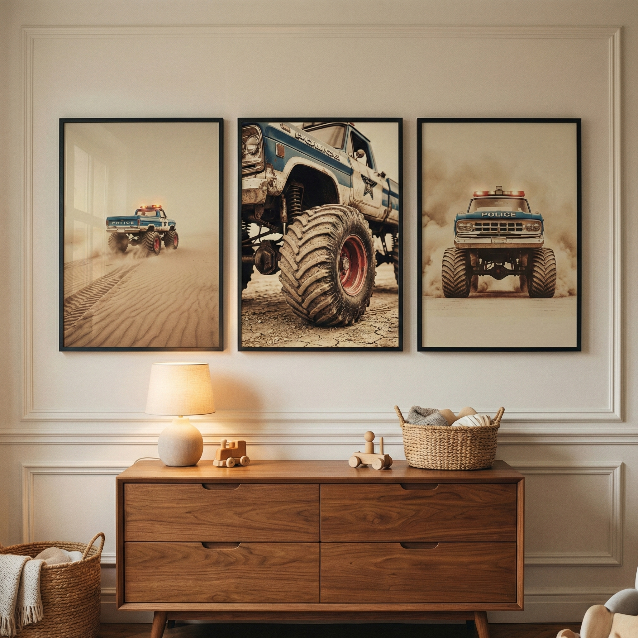 Three framed vertical prints are displayed above a wooden dresser against a wall with classic trim. Each piece of art features a rugged, blue and white oversized vehicle with massive tires and the word "POLICE" visible. The left image shows the vehicle traversing sand, the center focuses on a close-up of a large tire, and the right captures the vehicle from the front kicking up dust. 