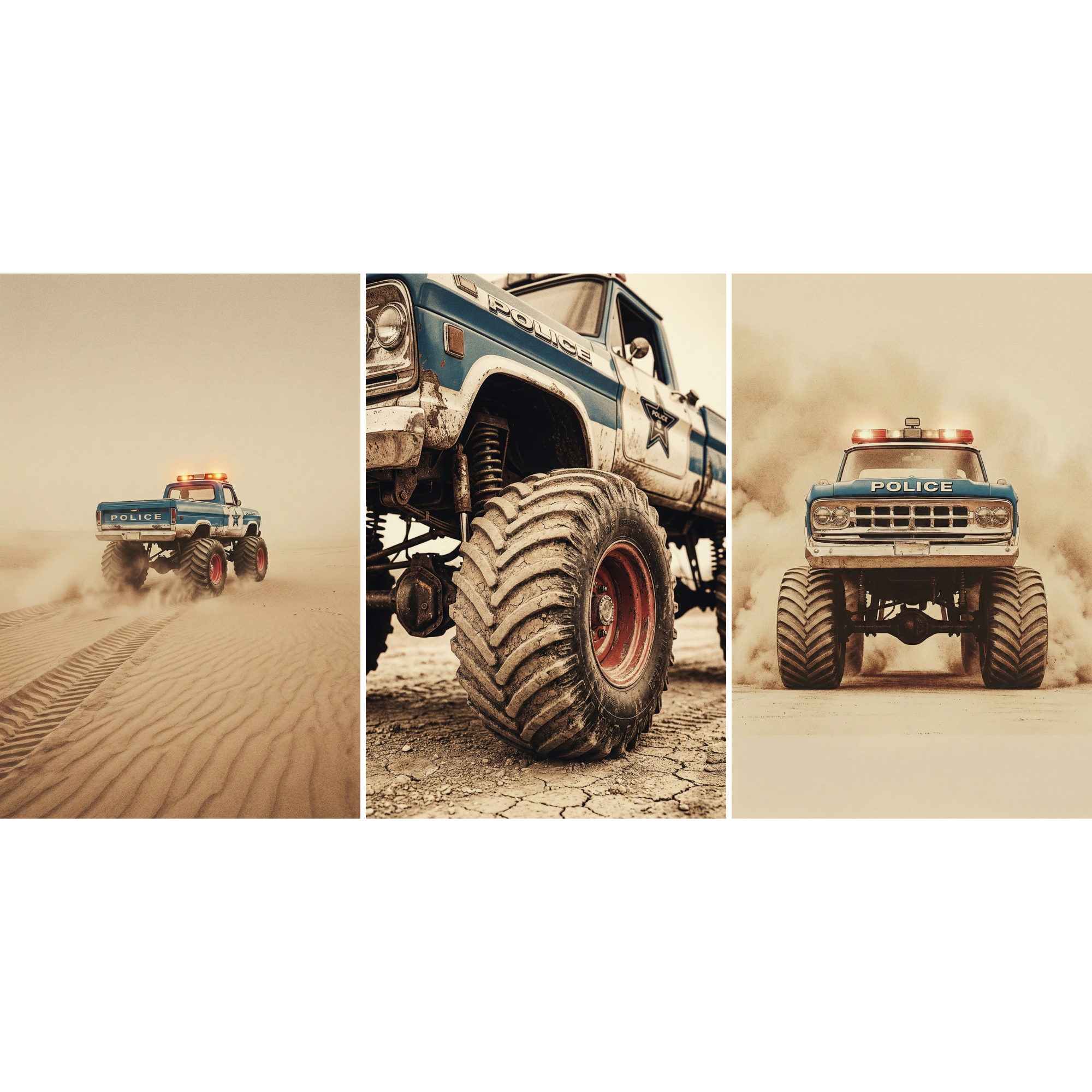 Three dramatic illustrations of a lifted blue police monster truck driving through a dusty desert landscape. One image shows the truck speeding across sand with red and blue lights flashing, another highlights a close up of the oversized tire and suspension, and the third captures a front view as it kicks up clouds of dust. The bold action scenes and rugged tones make this wall art set striking for truck enthusiasts or adventure themed spaces.