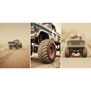 Three dramatic illustrations of a lifted blue police monster truck driving through a dusty desert landscape. One image shows the truck speeding across sand with red and blue lights flashing, another highlights a close up of the oversized tire and suspension, and the third captures a front view as it kicks up clouds of dust. The bold action scenes and rugged tones make this wall art set striking for truck enthusiasts or adventure themed spaces.