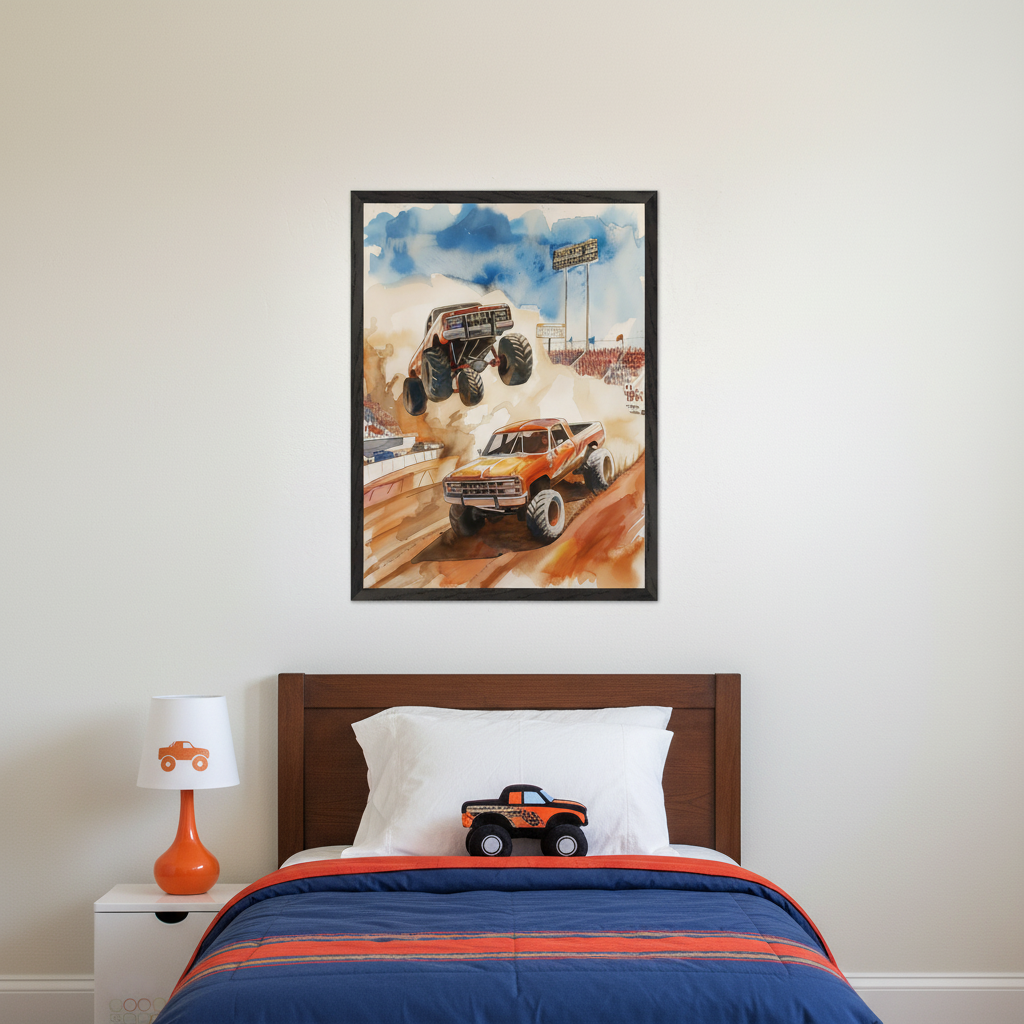 Kid's bedroom with a wooden bed, blue and orange comforter, and a monster truck toy. A white nightstand with an orange truck lamp is beside the bed. A large framed watercolor painting of monster trucks on a dirt track hangs centered above the bed.