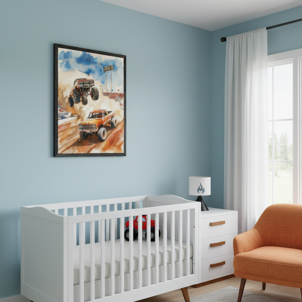 Modern nursery with light blue walls, a white crib, white dresser, and orange armchair. A framed watercolor painting of two monster trucks on a dirt track, one jumping, hangs above the crib.