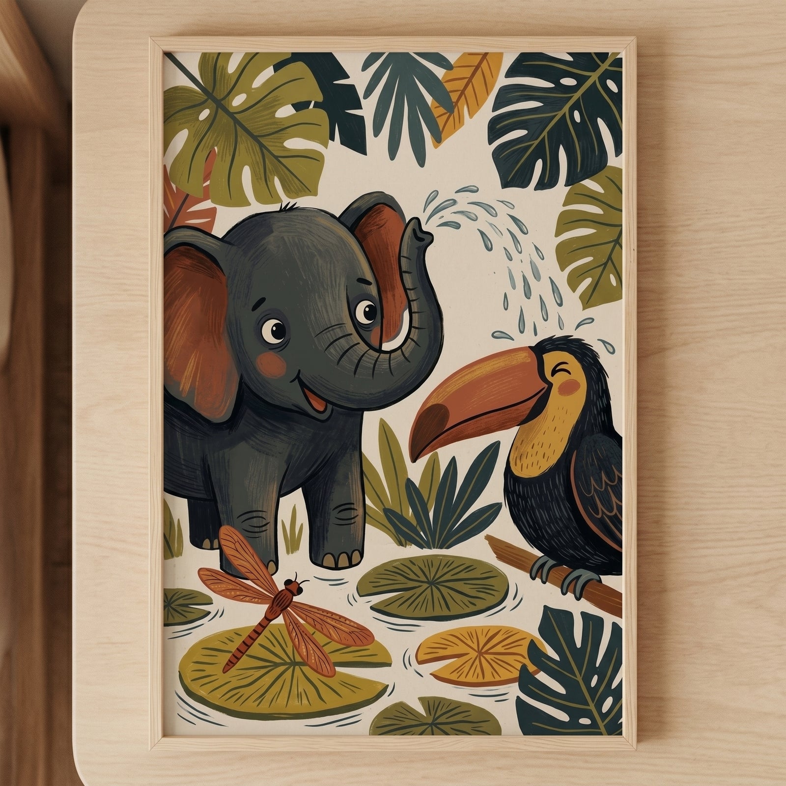 Framed monstera leaf jungle elephant animals artwork shows a cartoon elephant spraying water near a toucan by a pond.
