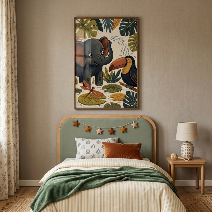 Monstera leaf jungle elephant animals artwork hangs above a child's bed with a green headboard and star garland.