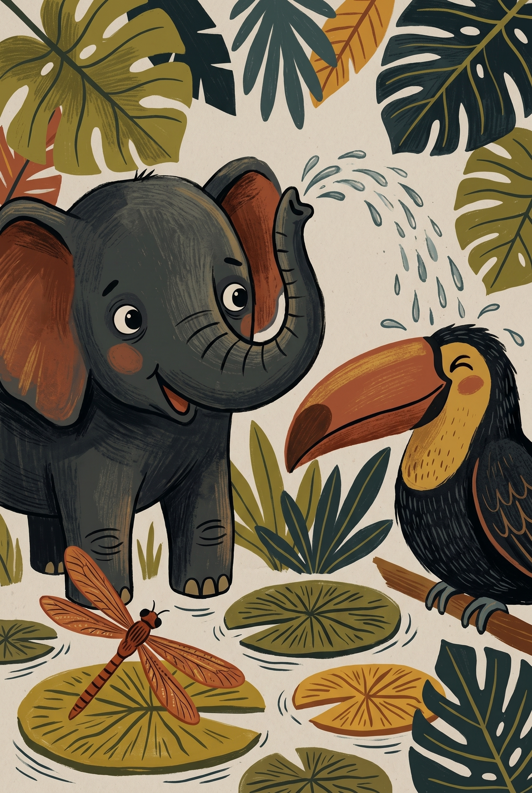 Monstera Leaf Jungle Elephant Animals Artwork - Jungle Water Play