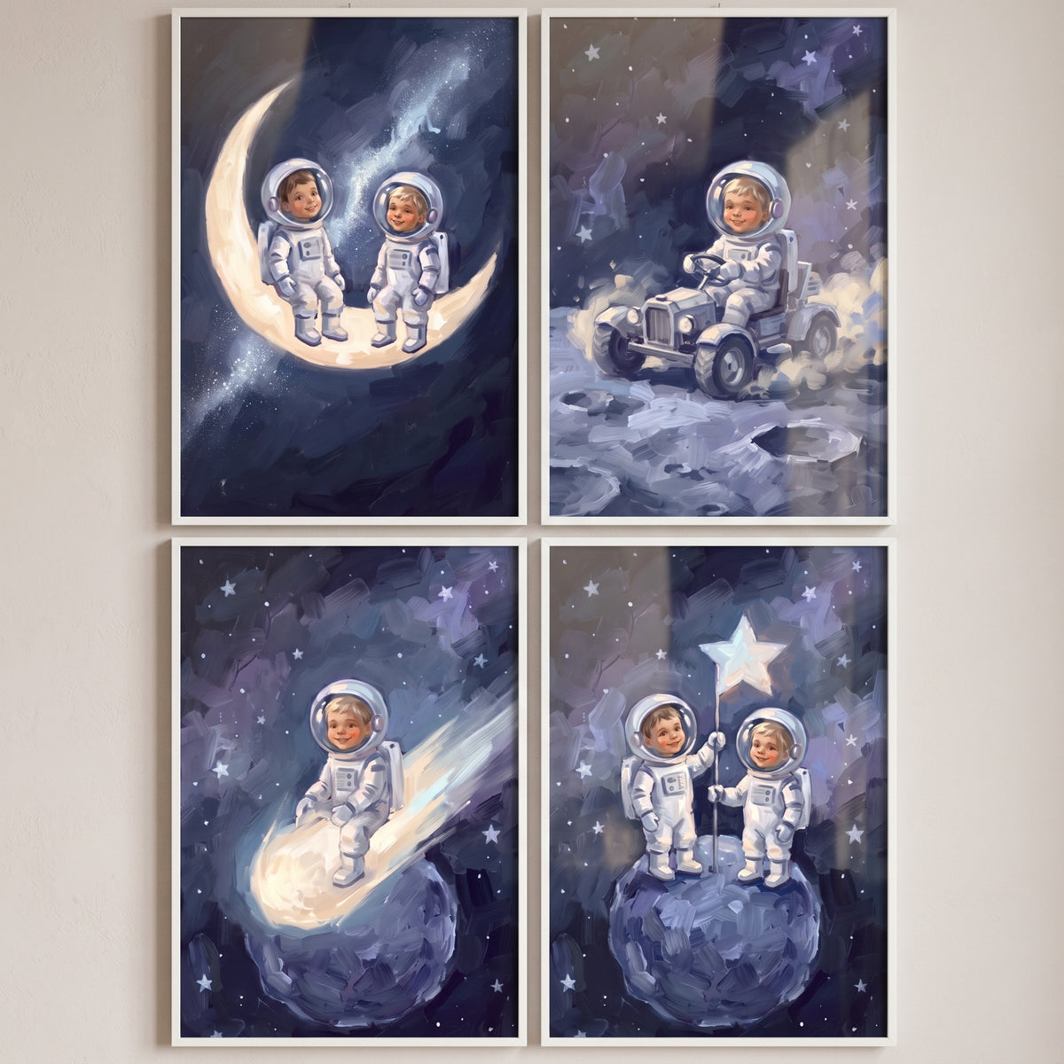 Moody blue baby astronaut wall art set of 4 with babies on a moon, in a rover, on a shooting star, and with a star flag.