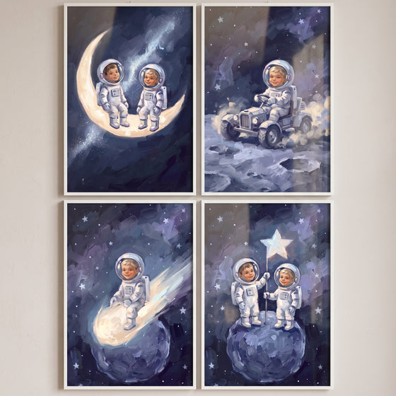 Moody blue baby astronaut wall art set of 4 with babies on a moon, in a rover, on a shooting star, and with a star flag.