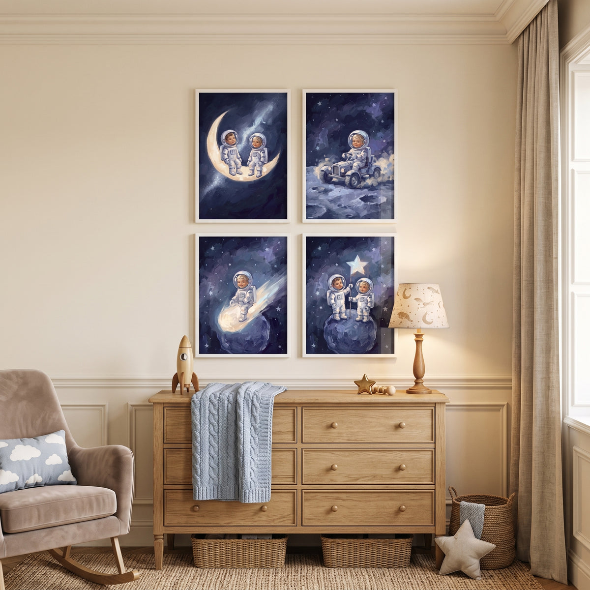 Moody Blue Baby Astronaut Wall Art Set of 4 - Little Space Explorers