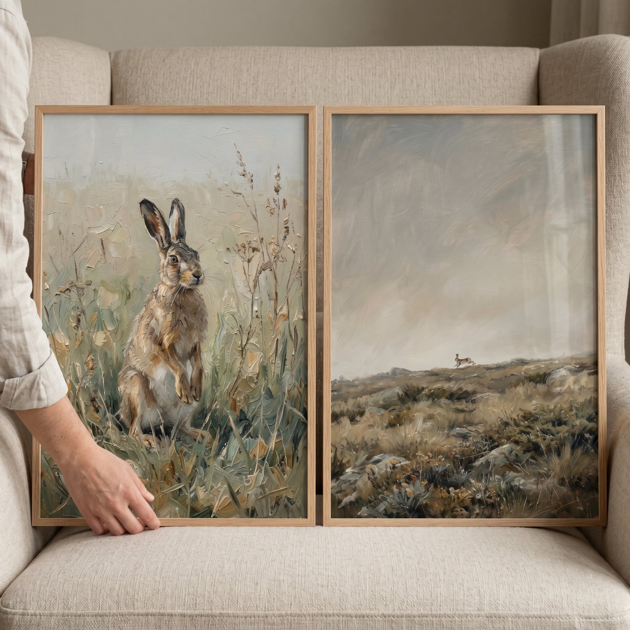 Moody Brown Meadow Bunny Wall Art Set of 2 - Golden Field Hare
