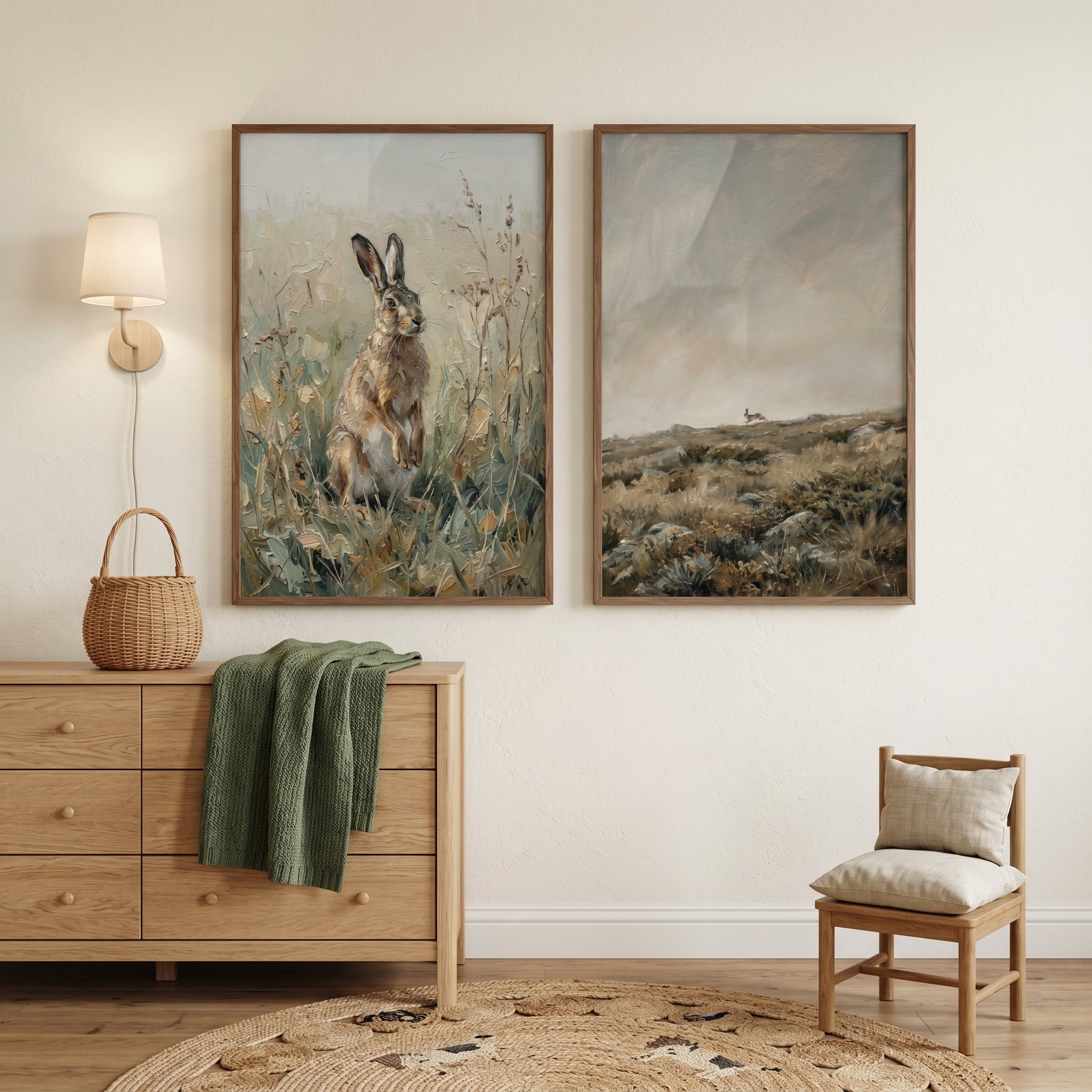 Moody Brown Meadow Bunny Wall Art Set of 2 - Golden Field Hare