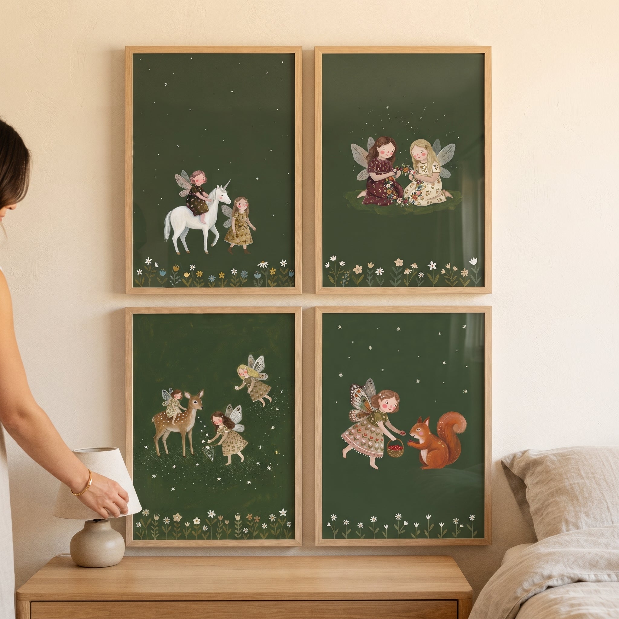 Moody Celestial Forest Fairies Wall Art Set of 4 - Whimsical Woodland Magic