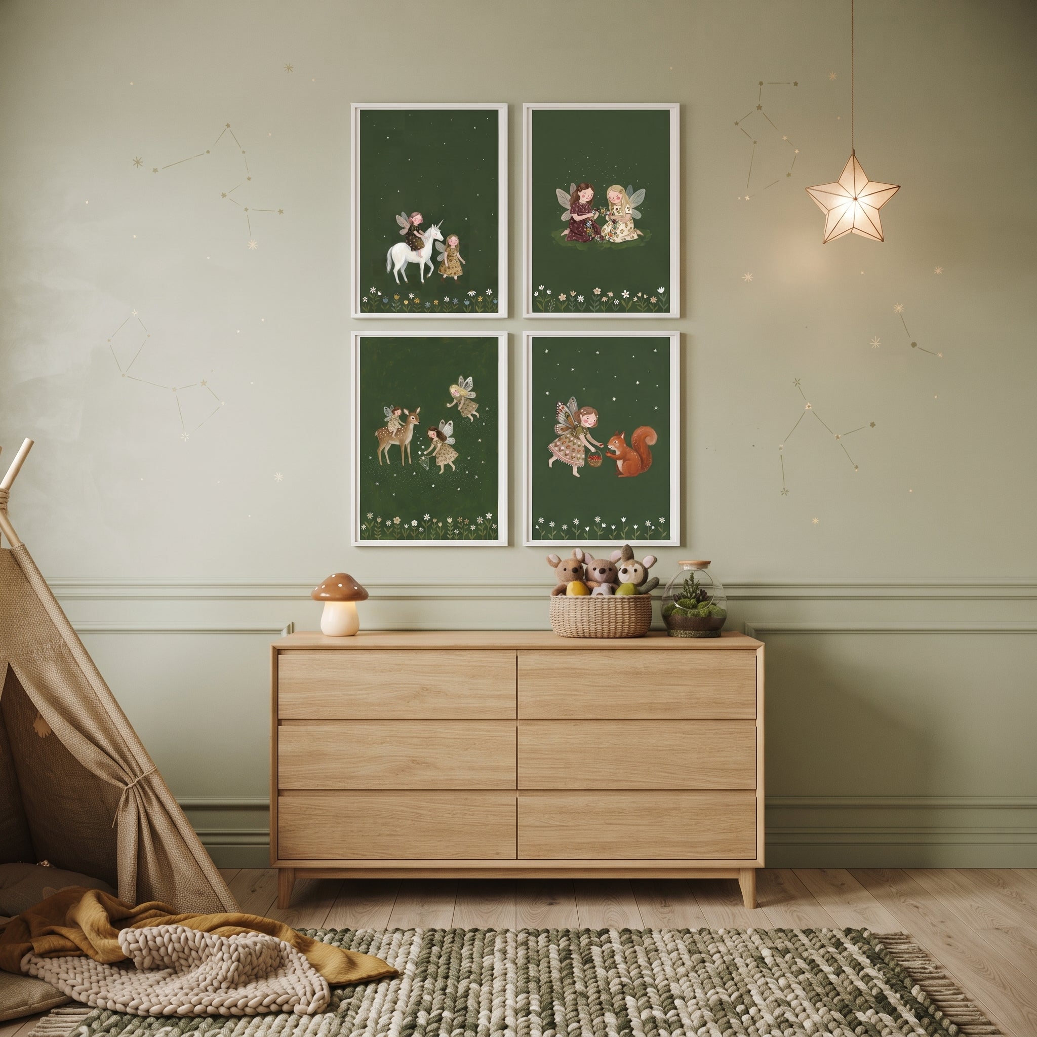 Moody Celestial Forest Fairies Wall Art Set of 4 - Whimsical Woodland Magic