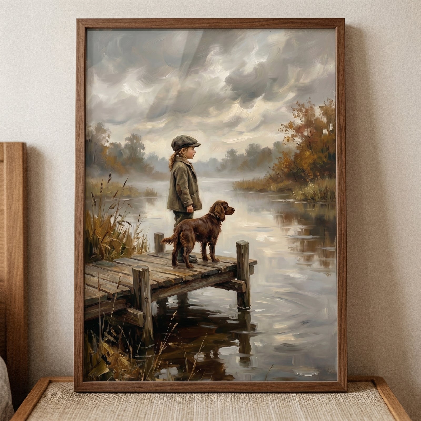 Moody dock girl dog wall art of a child and brown dog on a wooden pier by a foggy lake under a cloudy sky.