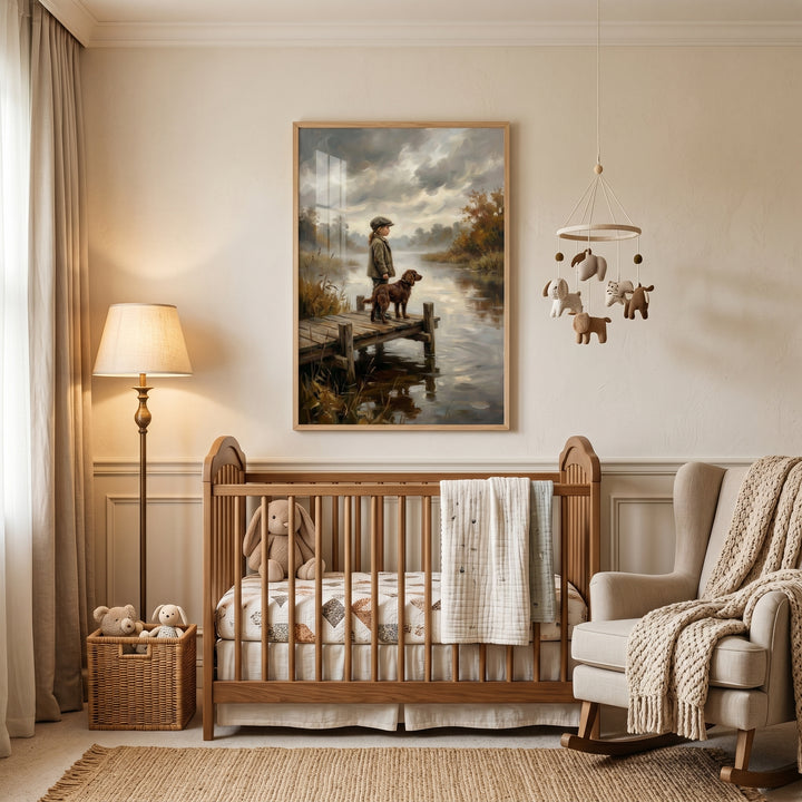 Neutral nursery featuring a wooden crib, floor lamp, rocking chair, and moody dock girl dog wall art.