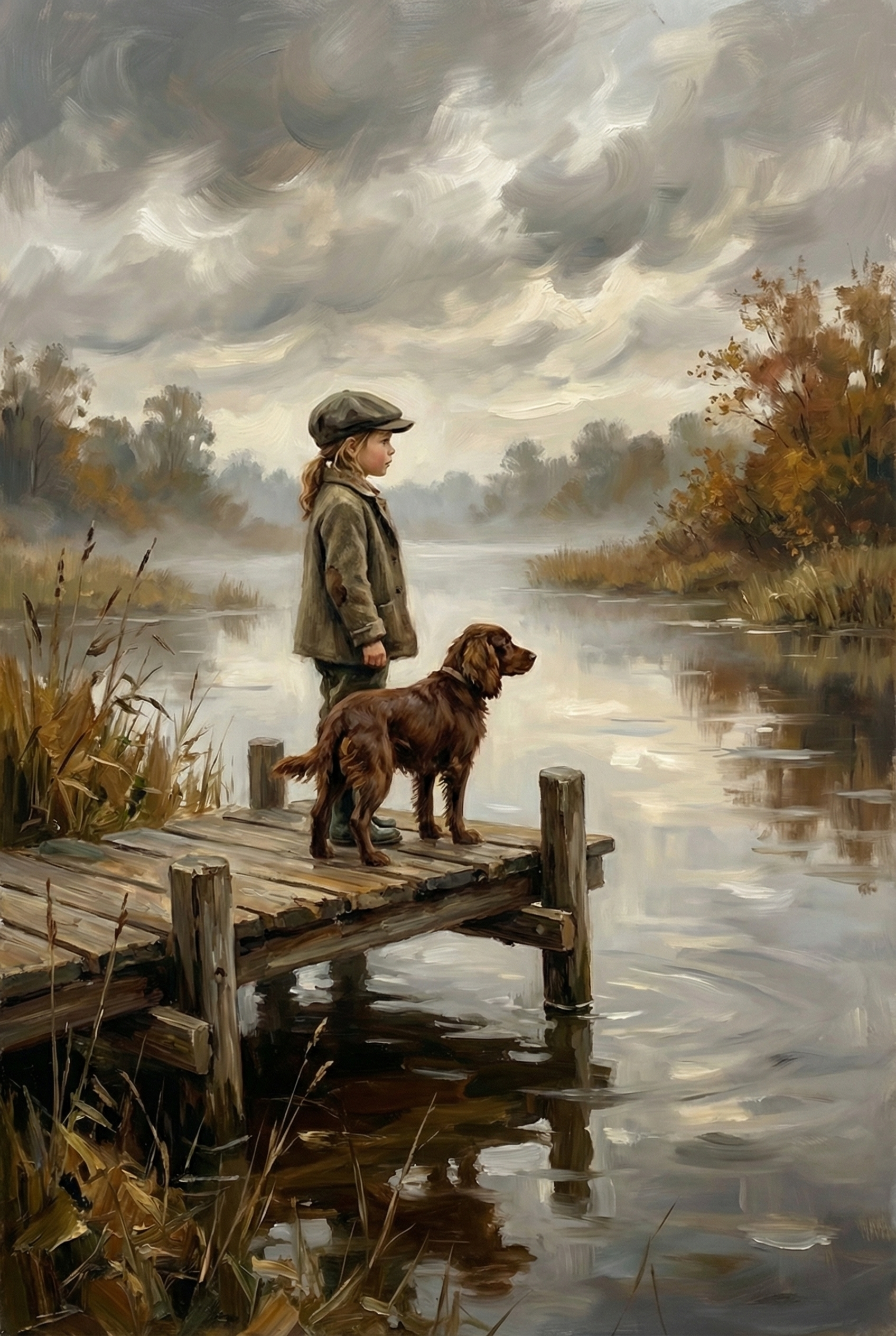 Moody Dock Girl Dog Wall Art - Misty Lake Watch