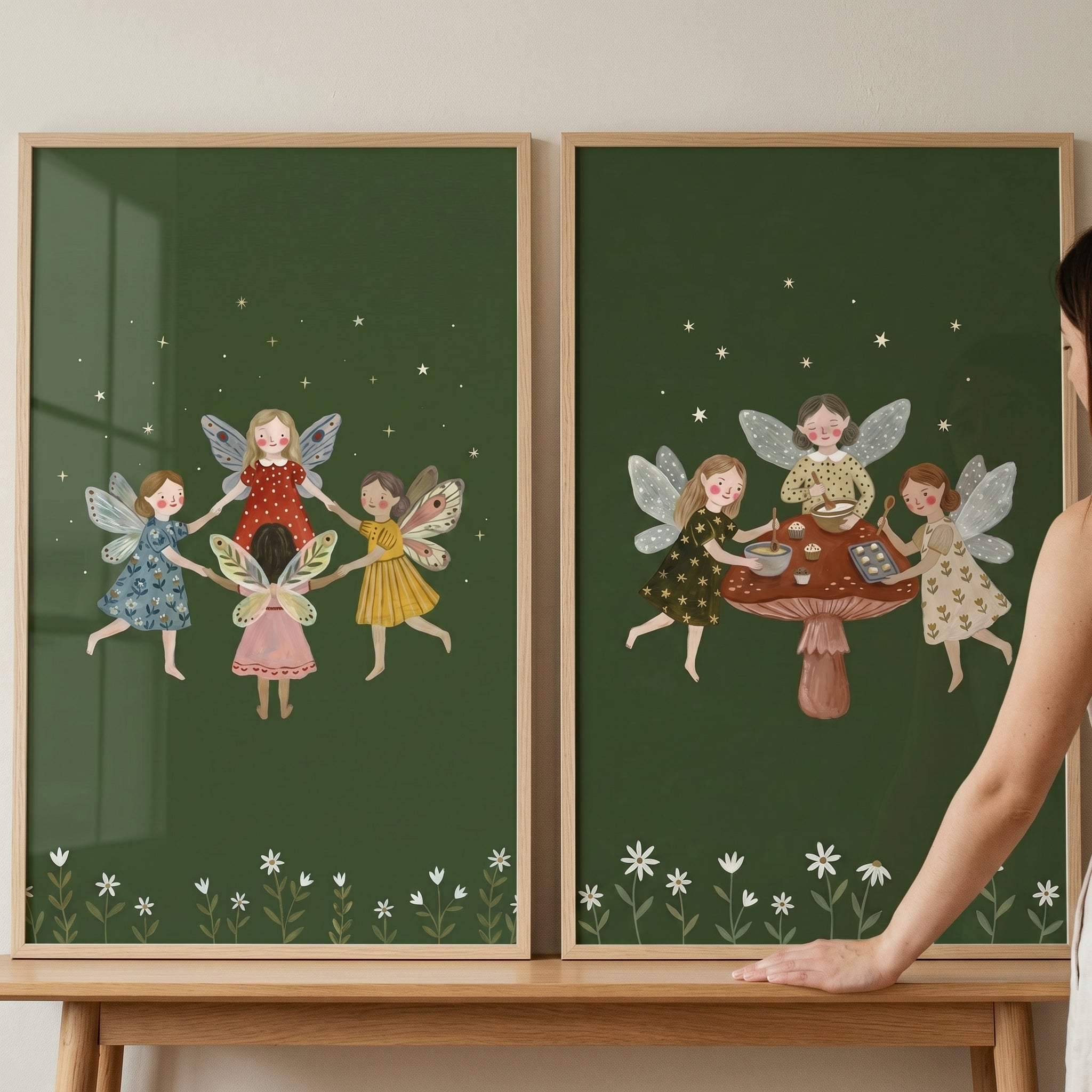 Moody Green Forest Fairies Wall Art Set of 2 - Enchanted Fairy Friends