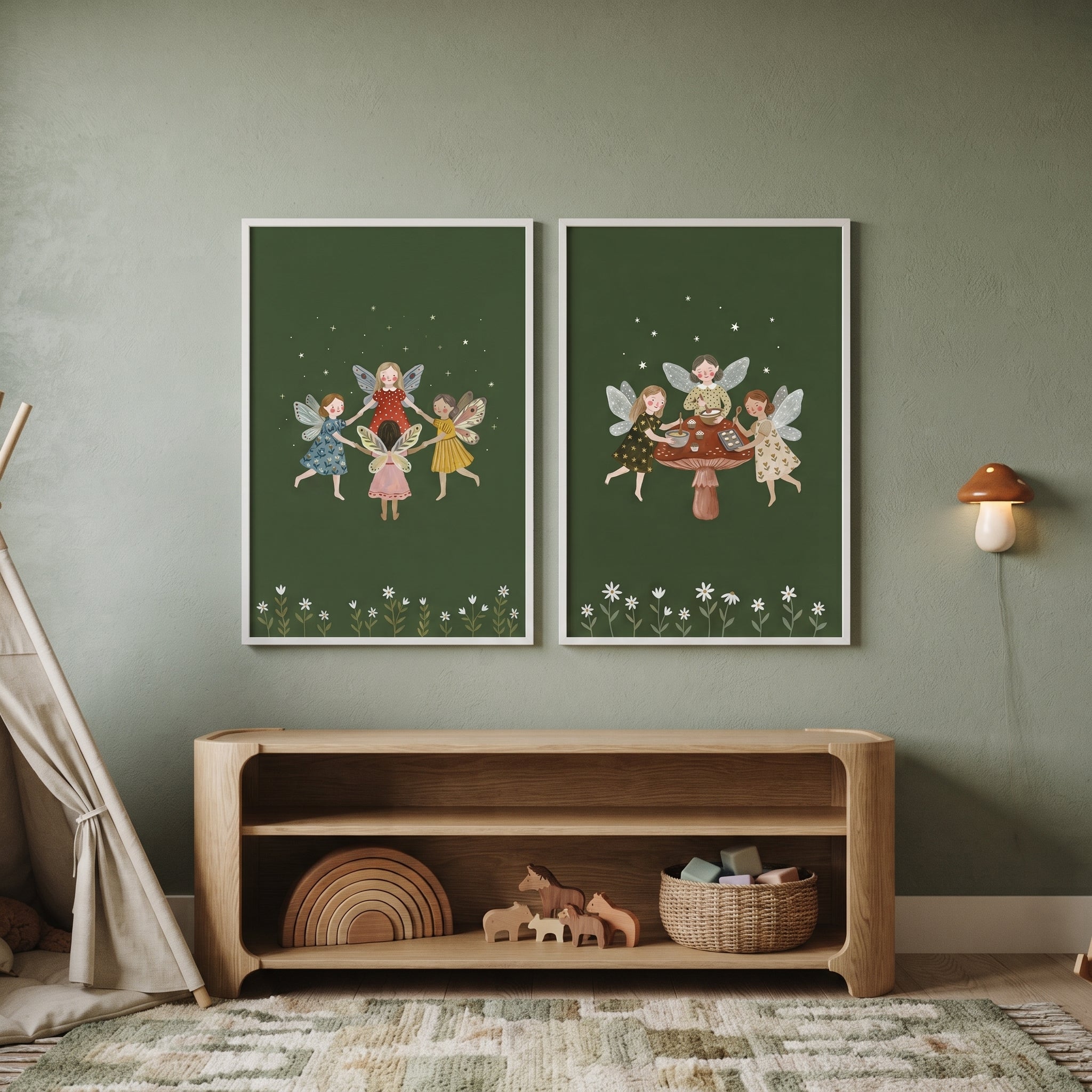 Moody Green Forest Fairies Wall Art Set of 2 - Enchanted Fairy Friends