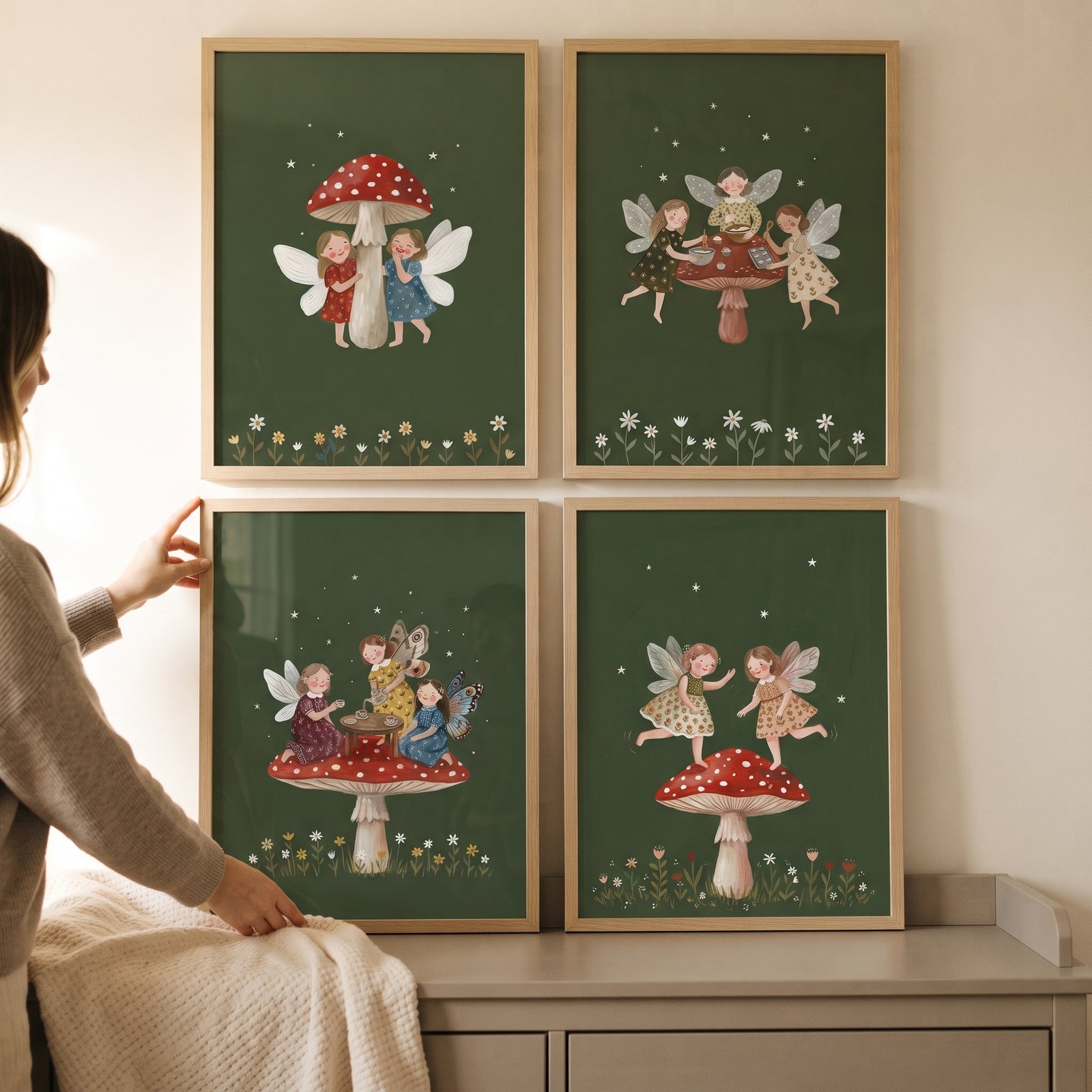 Moody green woodland fairies wall art set of 4 features whimsical illustrations of fairies and mushrooms on dark green.