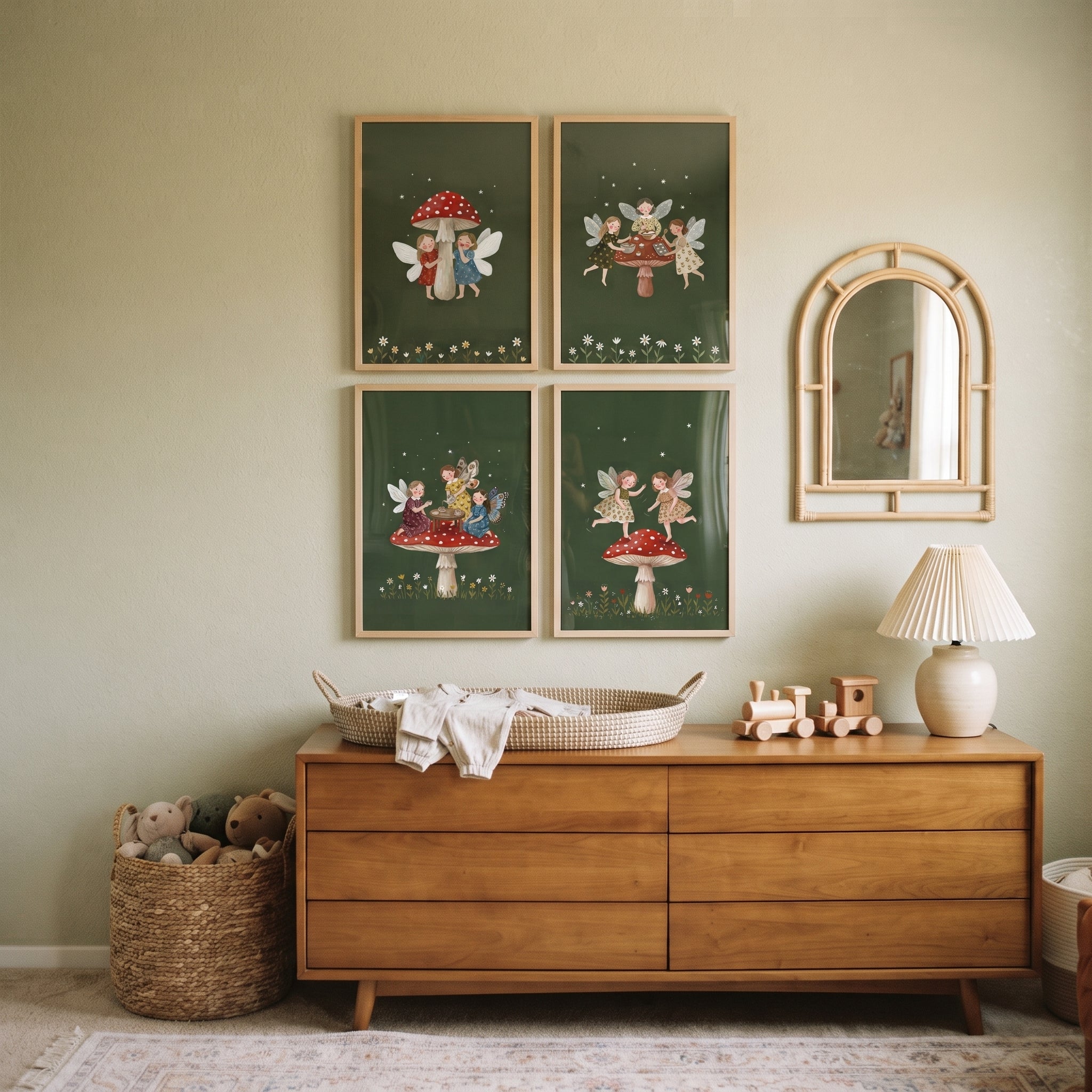 Moody Green Woodland Fairies Wall Art Set of 4 - Whimsical Woodland Sprites