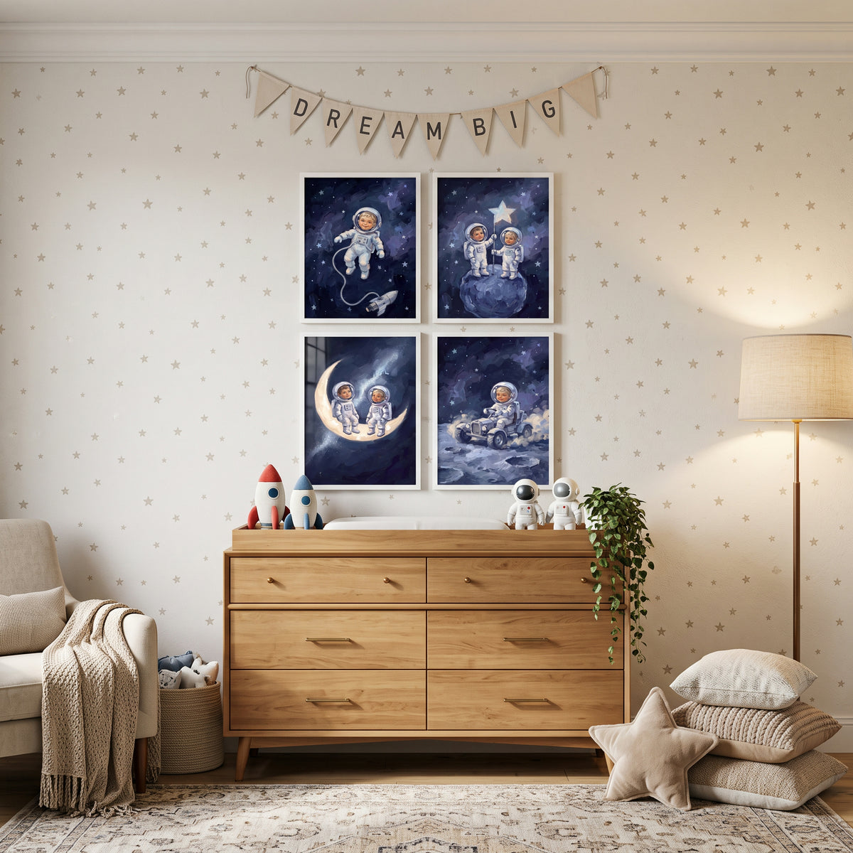 Moody Indigo Baby Astronaut Wall Art Set of 4 - Cosmic Nursery Dreams