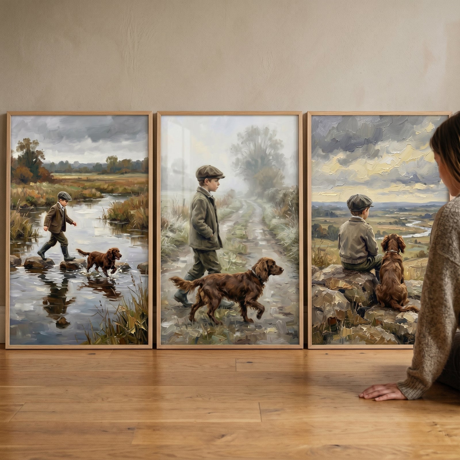A child and brown spaniel explore the outdoors in this moody nature boy dog wall art set of 3.