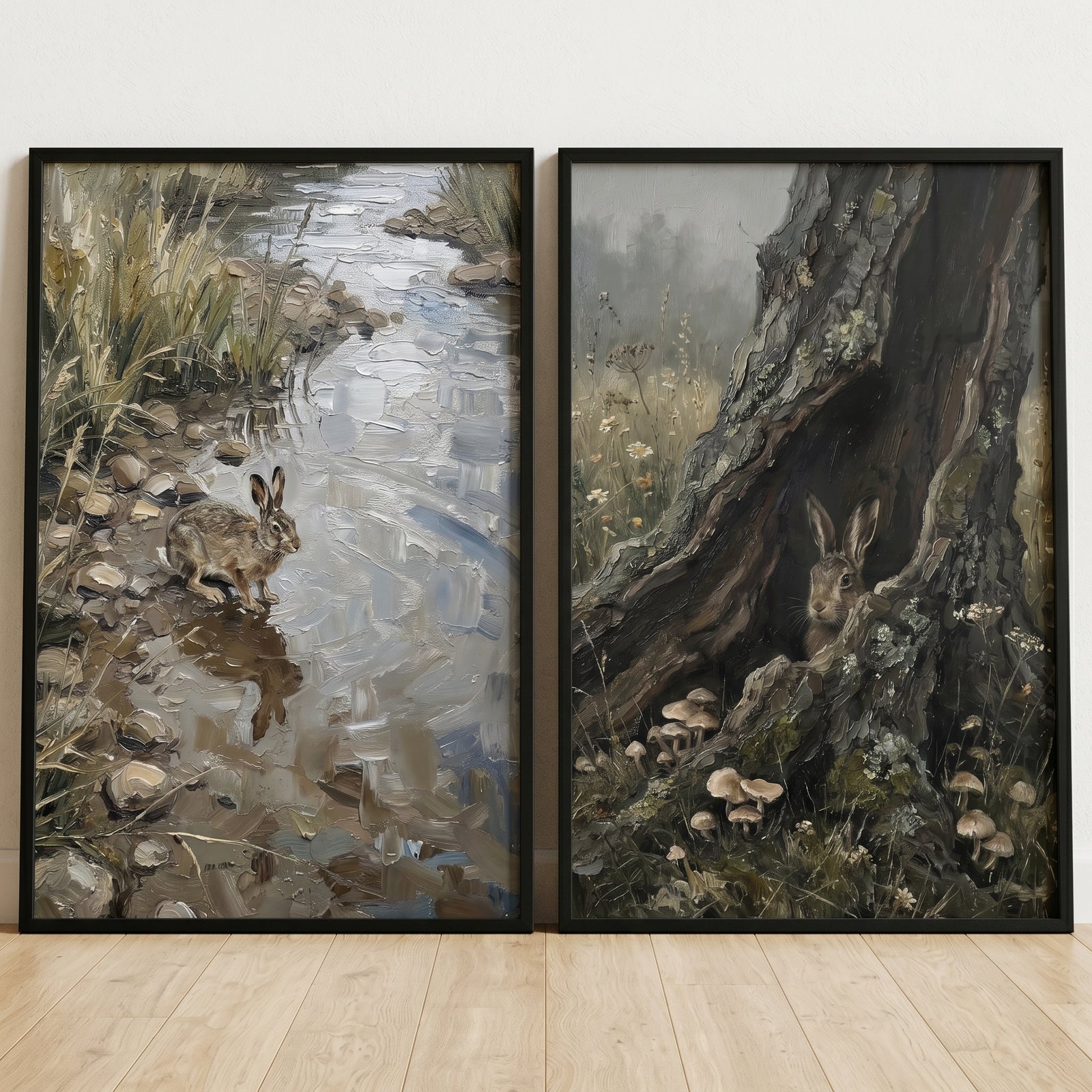 Moody nature hare wall art set of 2 featuring a hare by a stream and another inside a hollow tree with wild mushrooms.