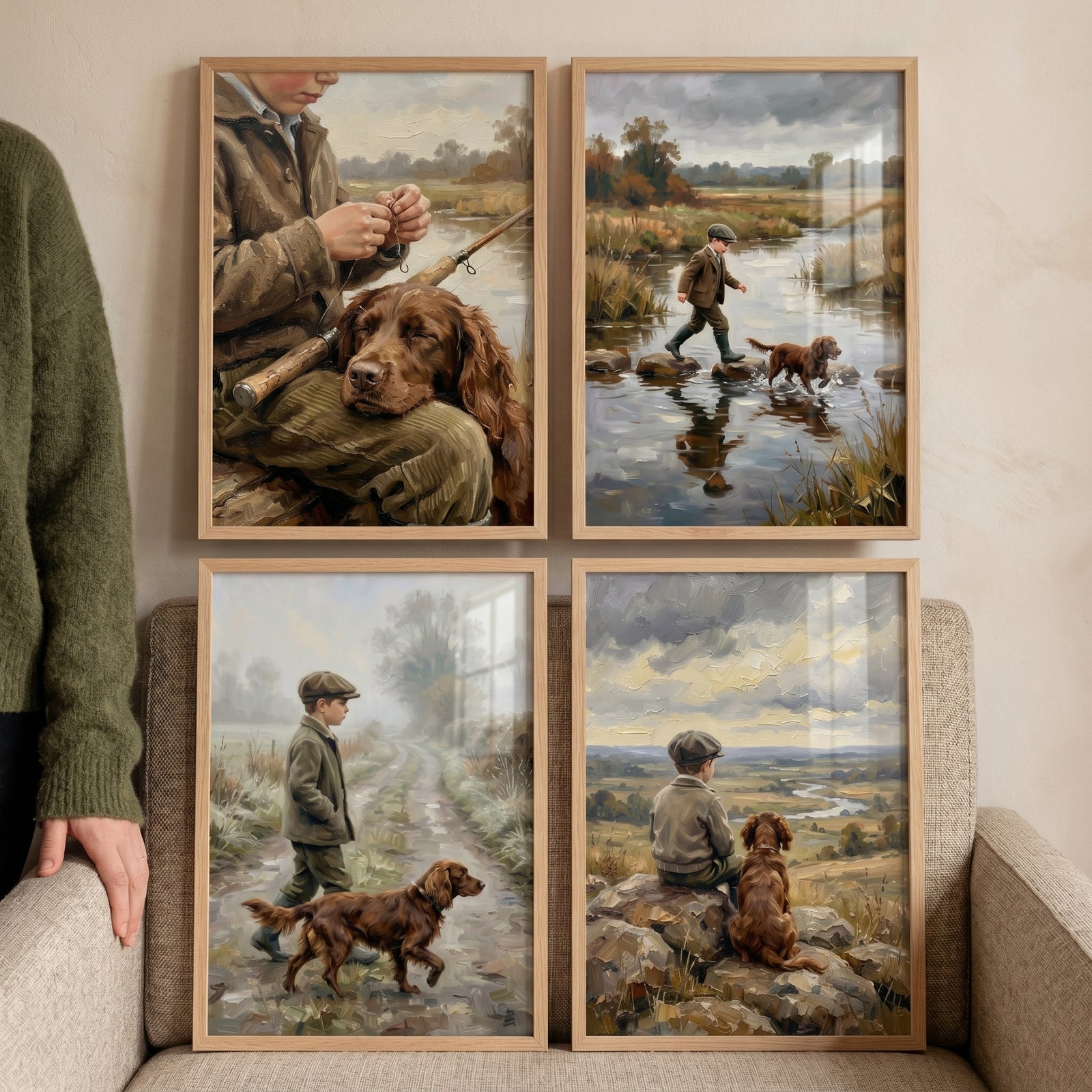 Moody oil boy dog wall art set of 4 shows boys and dogs in outdoor scenes like fishing and walking near water.