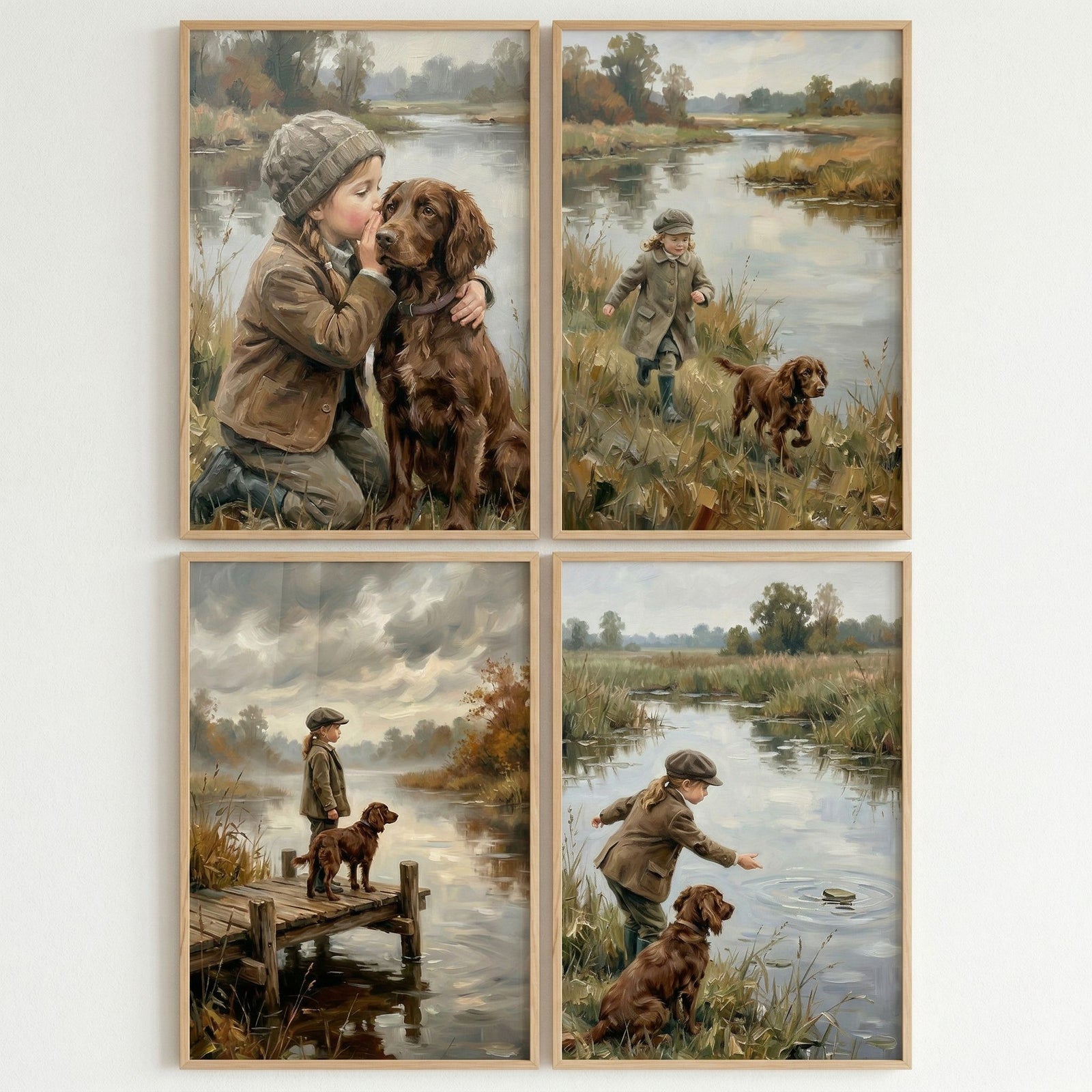 Moody riverside girl dog wall art set of 4 featuring children and brown dogs in vintage nature scenes by water.